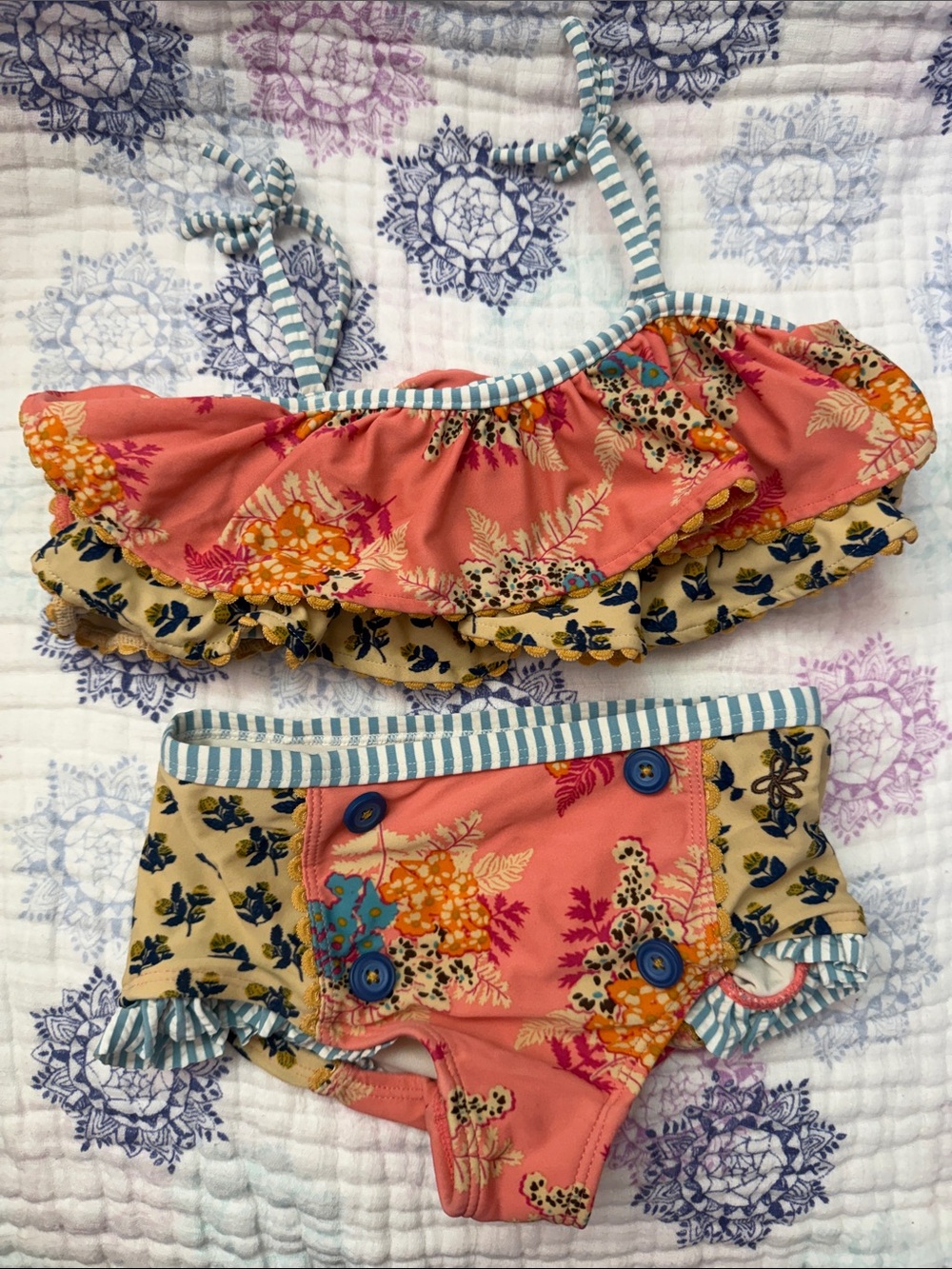 Gorgeous Matilda Jane Girls Floral Ruffle Two-Piece Swim Set - Coral & Cream